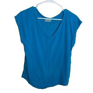 Cottonways T-Shirt Women's 1 Blue V-Neck Short Sleeve Large Lagenlook Top